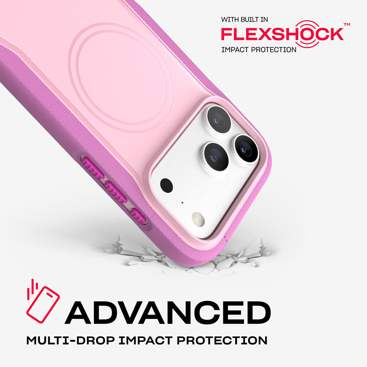 A corner of the case impacts the ground. Text reads Advanced Multi-Drop Impact Protection with built in FlexShock impact protection#color_orchid