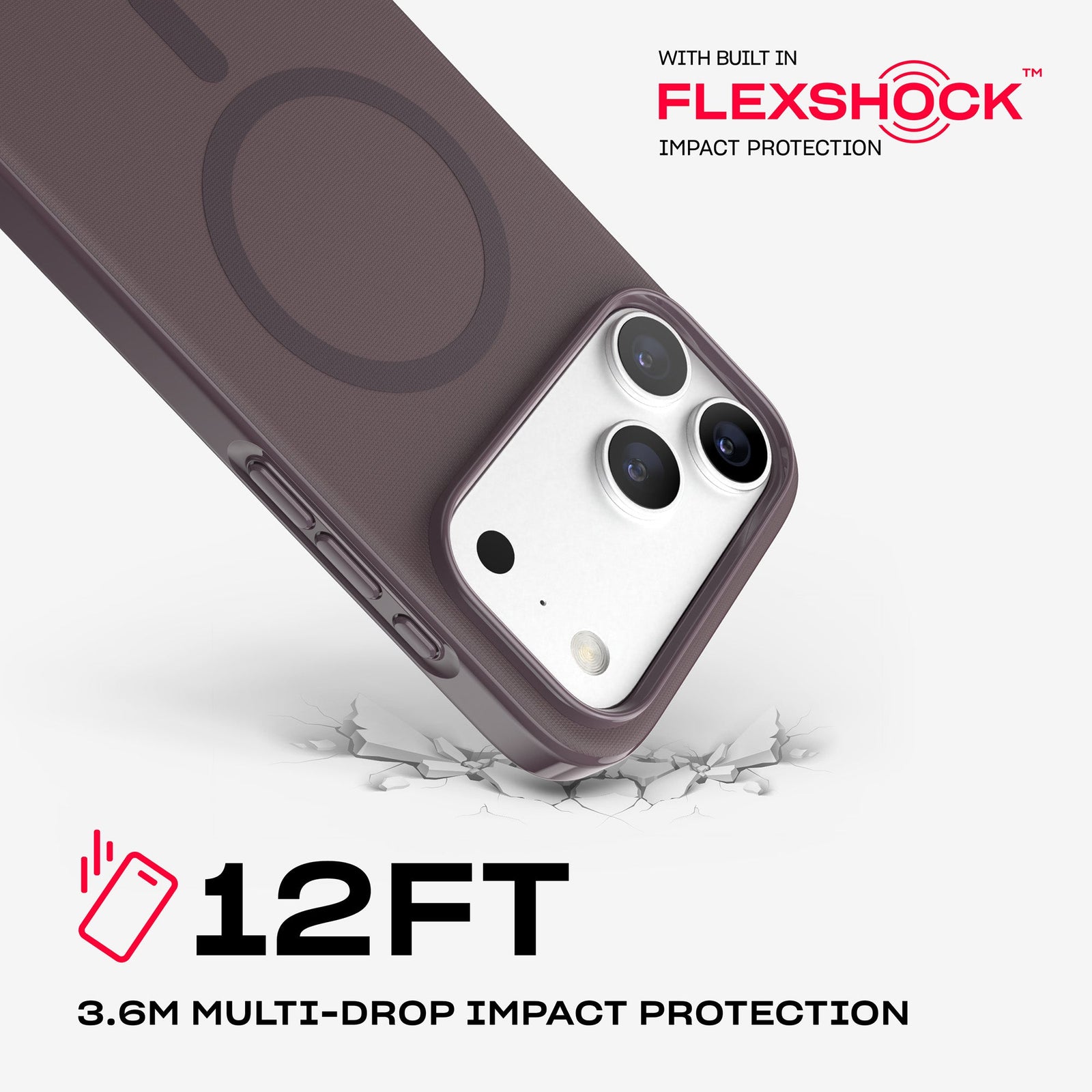 A corner of the case impacts the ground. Text reads 12-foot (3.6 meter) Multi-Drop Impact Protection with built in FlexShock impact protection#color_cherry