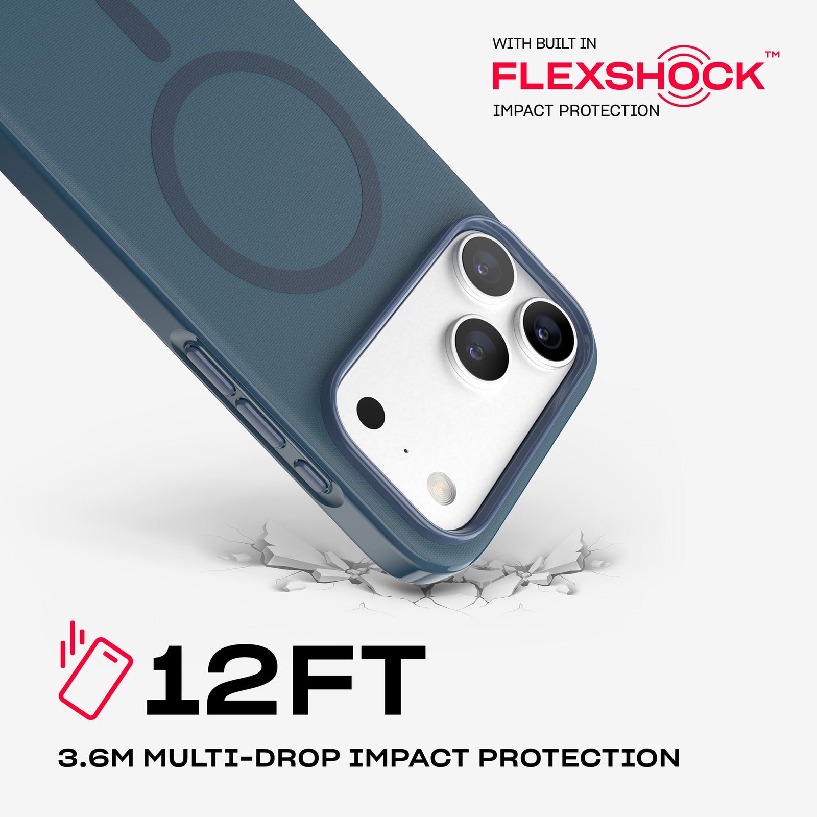 A corner of the case impacts the ground. Text reads 12-foot (3.6 meter) Multi-Drop Impact Protection with built in FlexShock impact protection#color_deep-sea
