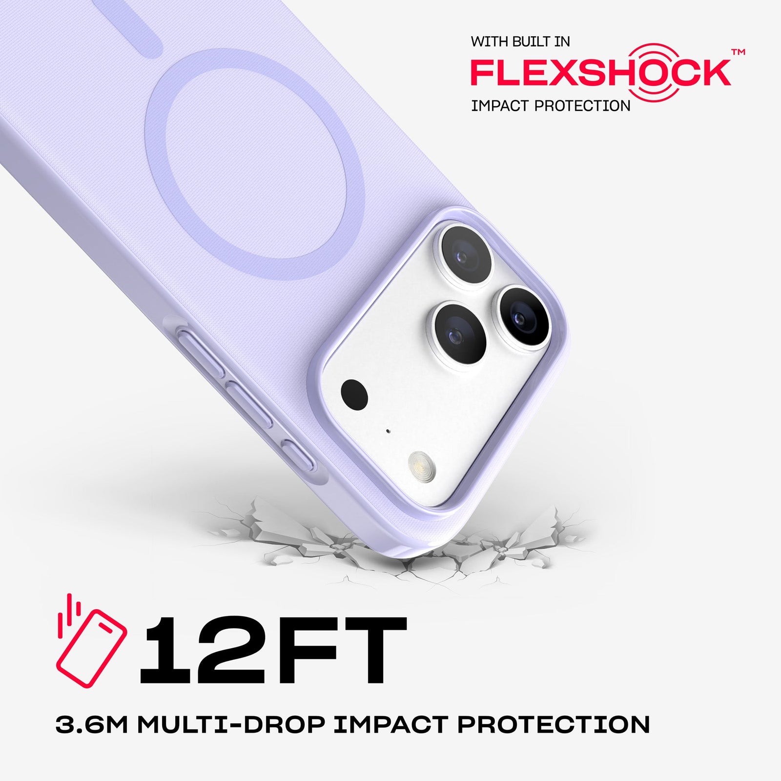 A corner of the case impacts the ground. Text reads 12-foot (3.6 meter) Multi-Drop Impact Protection with built in FlexShock impact protection#color_lilac