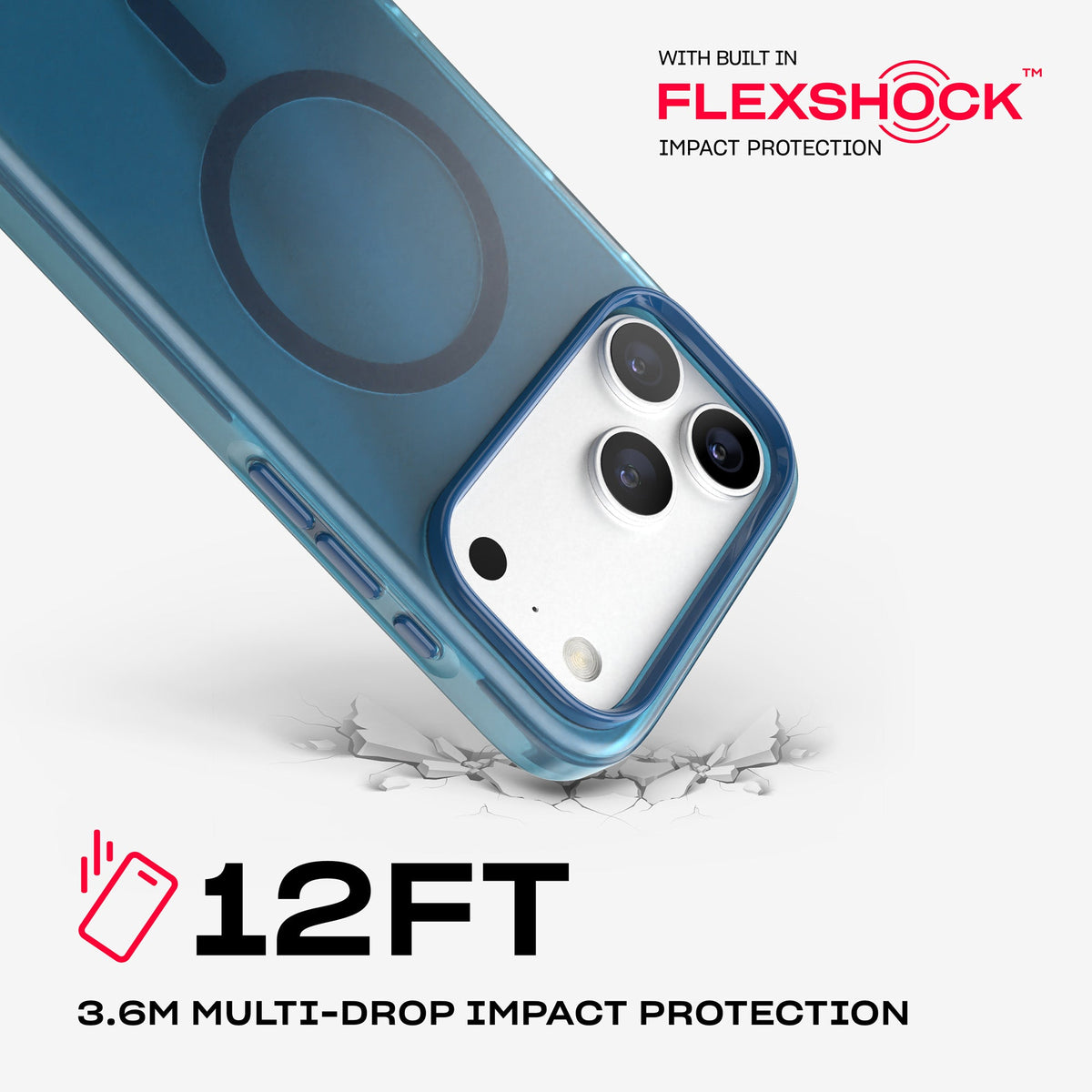 A corner of the case impacts the ground. Text reads 12-foot (3.6 meter) Multi-Drop Impact Protection with built in FlexShock impact protection#color_deep-sea