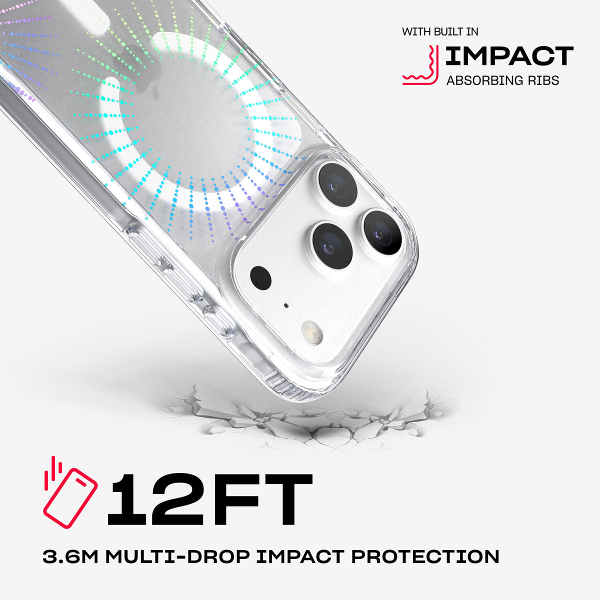 A corner of the case impacts the ground. Text reads 12-foot (3.6 meter) Multi-Drop Impact Protection with built in impact absorbing ribs#color_lunar