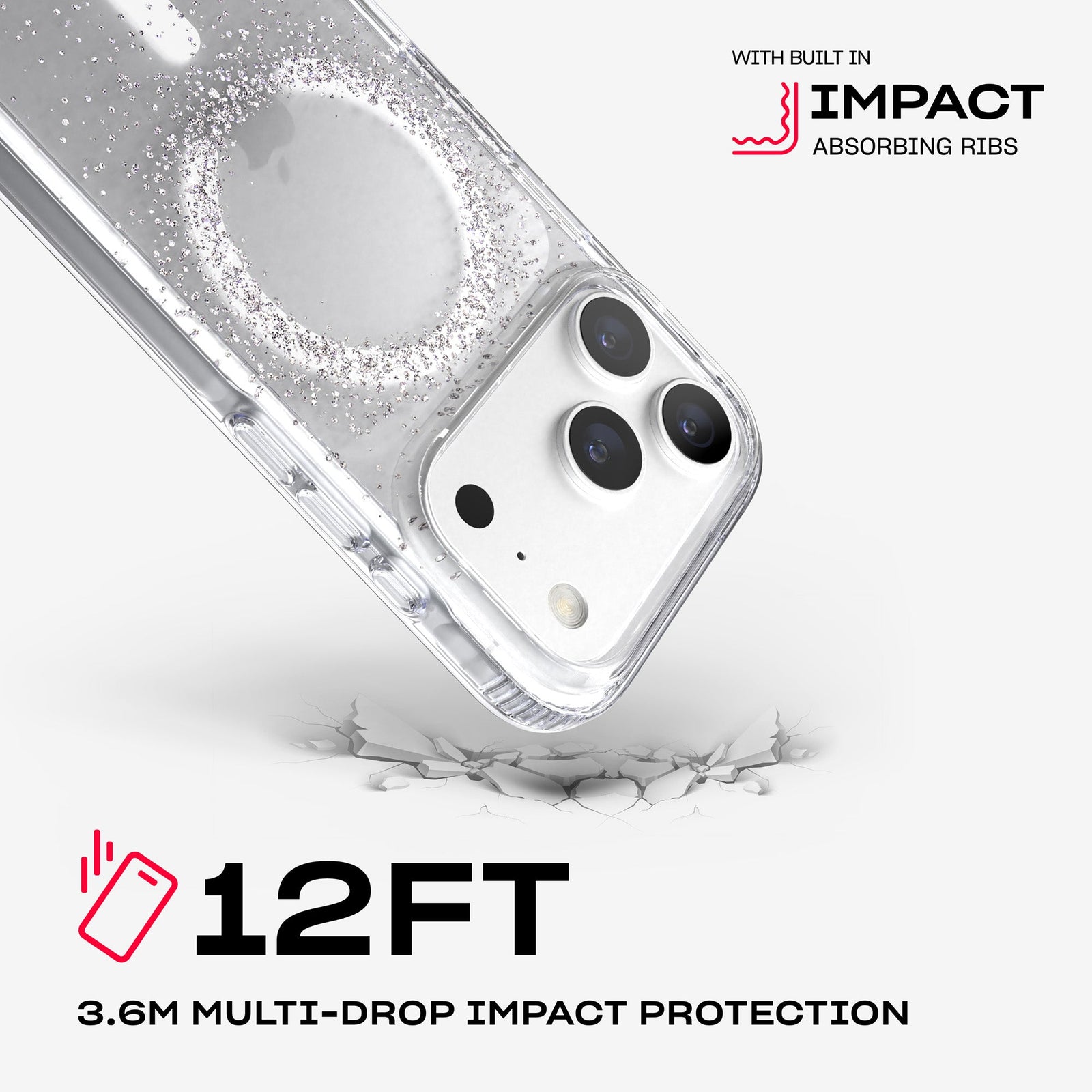 A corner of the case impacts the ground. Text reads 12-foot (3.6 meter) Multi-Drop Impact Protection with built in impact absorbing ribs#color_focus