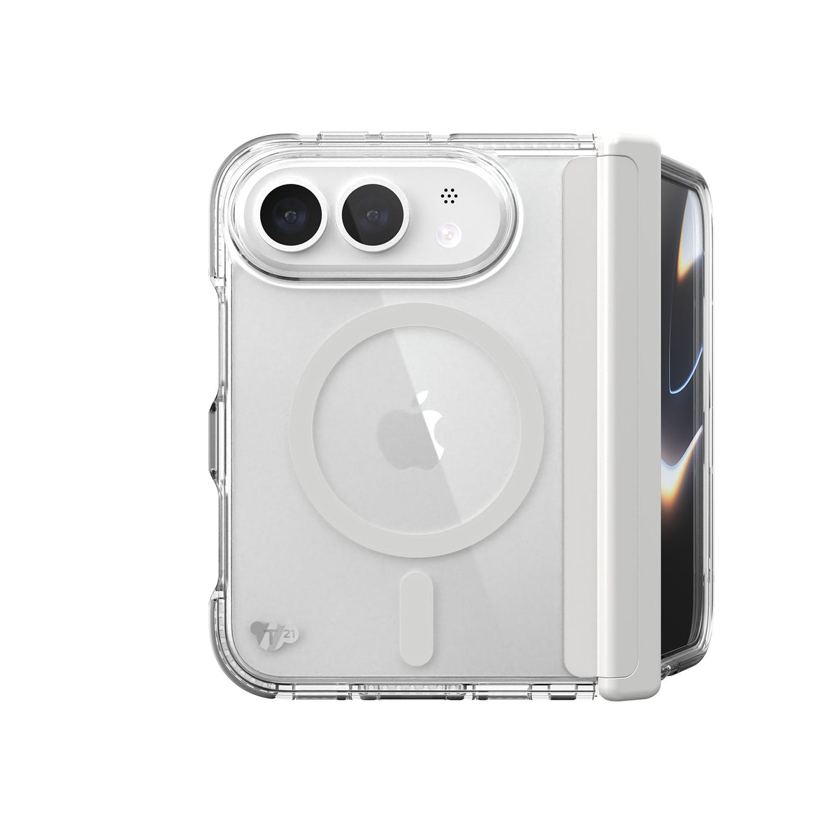View of the camera side of the phone case from straight on with phone inside, folded at 90 degrees#color_clear