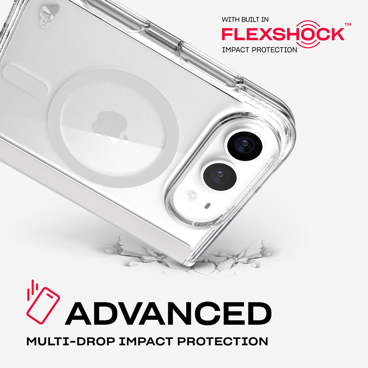 A corner of the case impacts the ground. Text reads Advanced Multi-Drop Impact Protection with built in FlexShock impact protection#color_clear