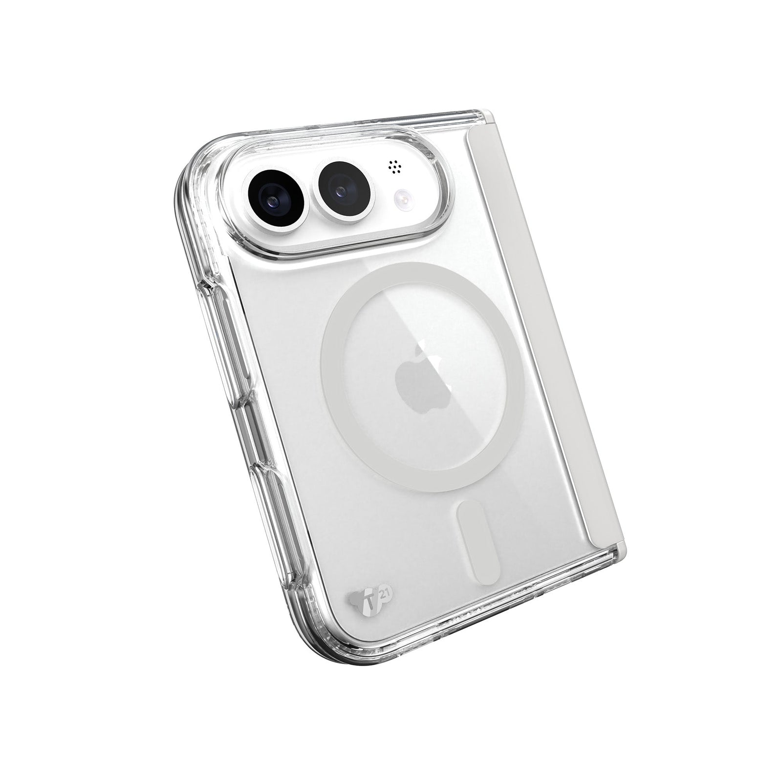 Tilted three-quarter angled view of back of fully closed fold phone in case#color_clear