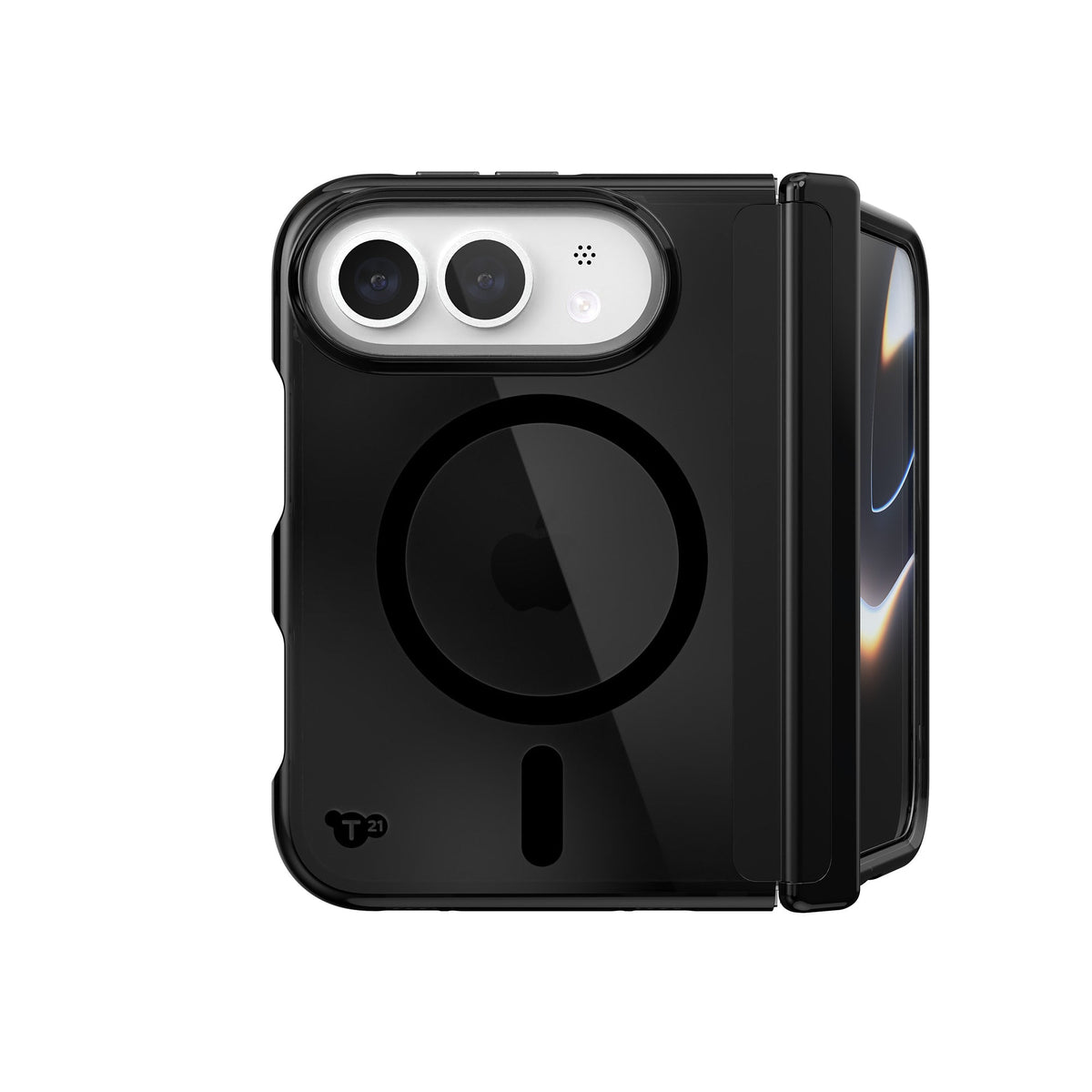 View of the camera side of the phone case from straight on with phone inside, folded at 90 degrees#color_black-tint