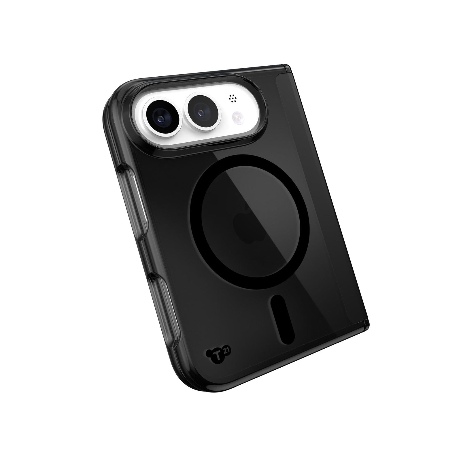 Tilted three-quarter angled view of back of fully closed fold phone in case#color_black-tint