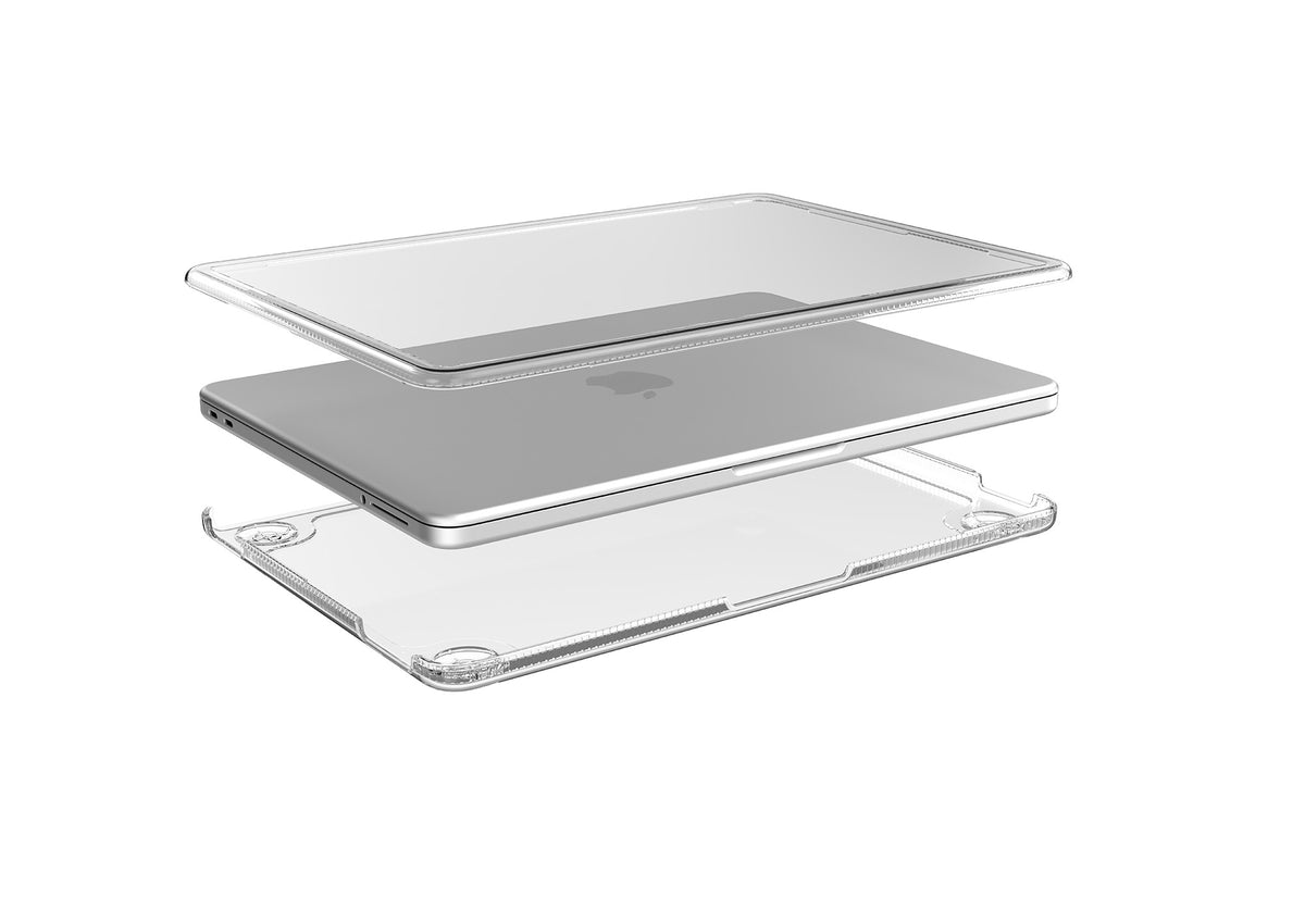 Computer case shown in layers, fitting on top and bottom of the MacBook.#color_clear